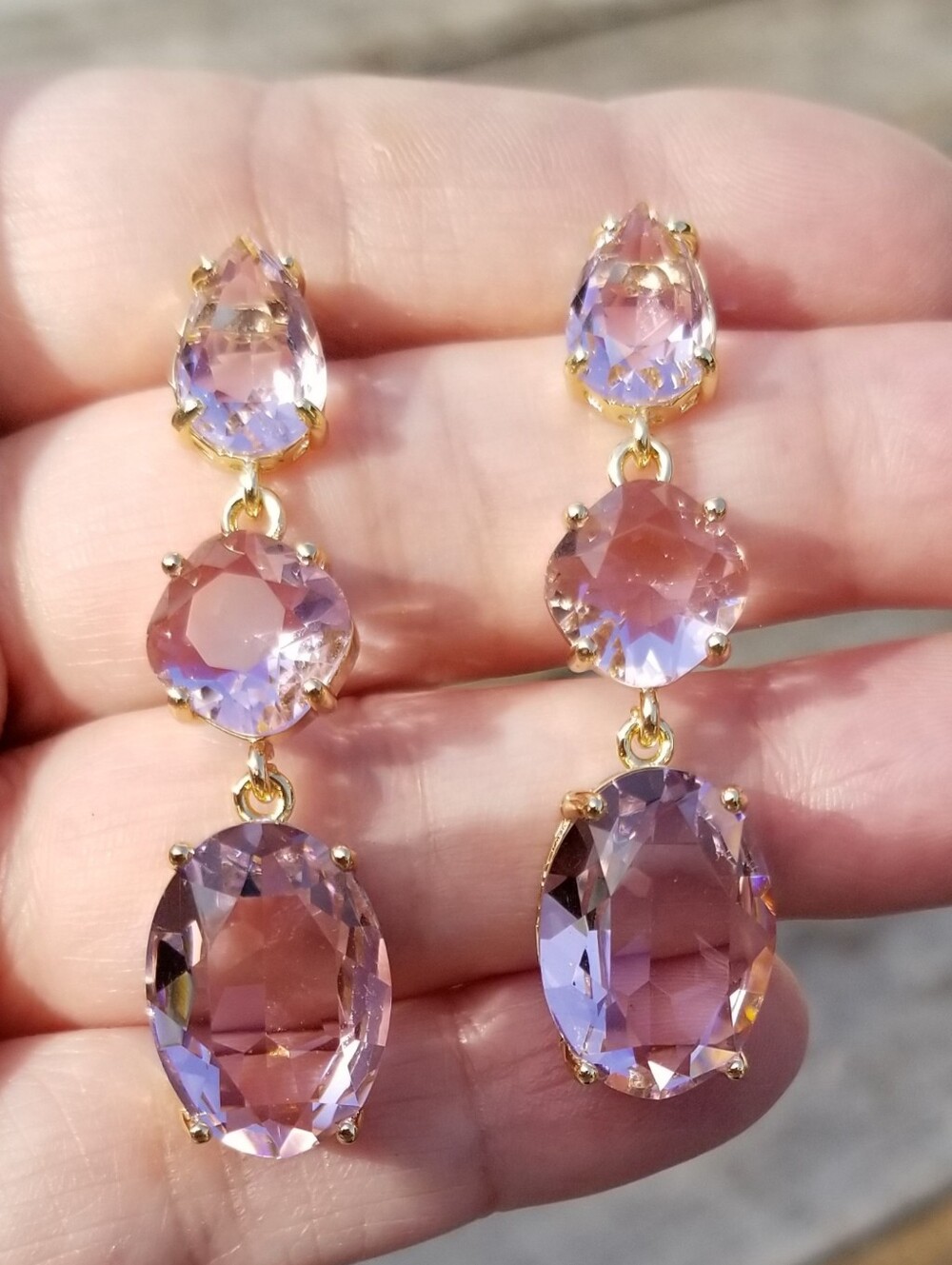 14k Gold Pink Tourmaline Triple Drop Stud Earrings, Long Tourmaline Dangle